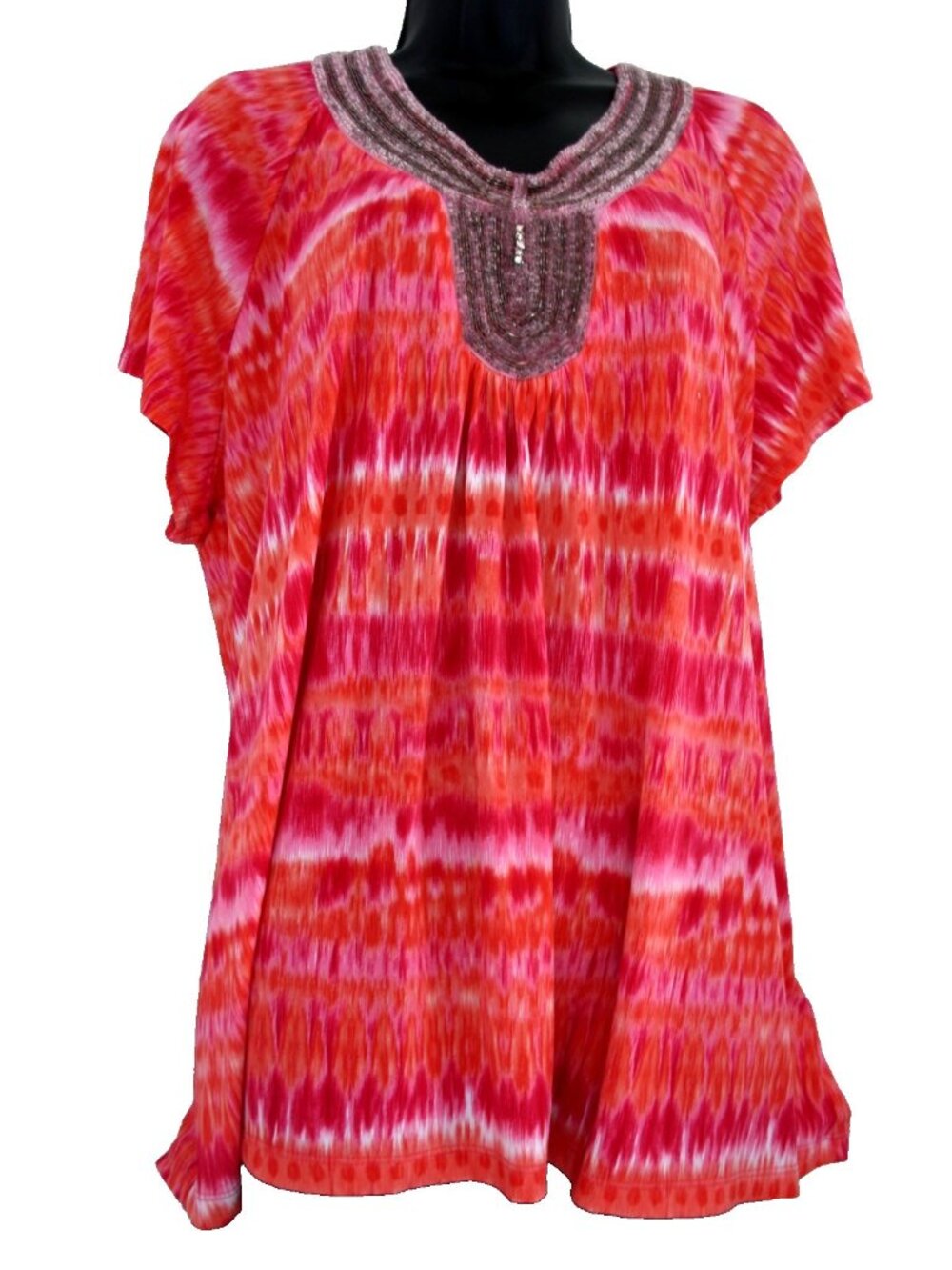 Avenue Women's Plus Size 22/24 Top PINK/Red/Fushia/White Tunic cap Sleeve, Beads